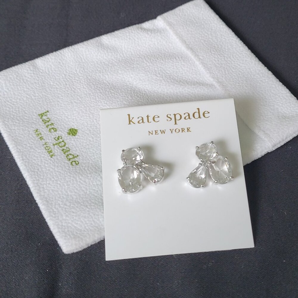 Fashionable KATE SPADE Tri-Stone Clear Faceted Silver Stud Earrings ~ Like New